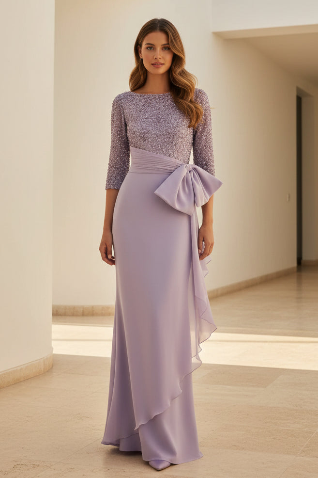 Sequined 3/4 Sleeve Evening Gown with Bow