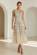 One-Shoulder Embroidered A-Line Midi Dress