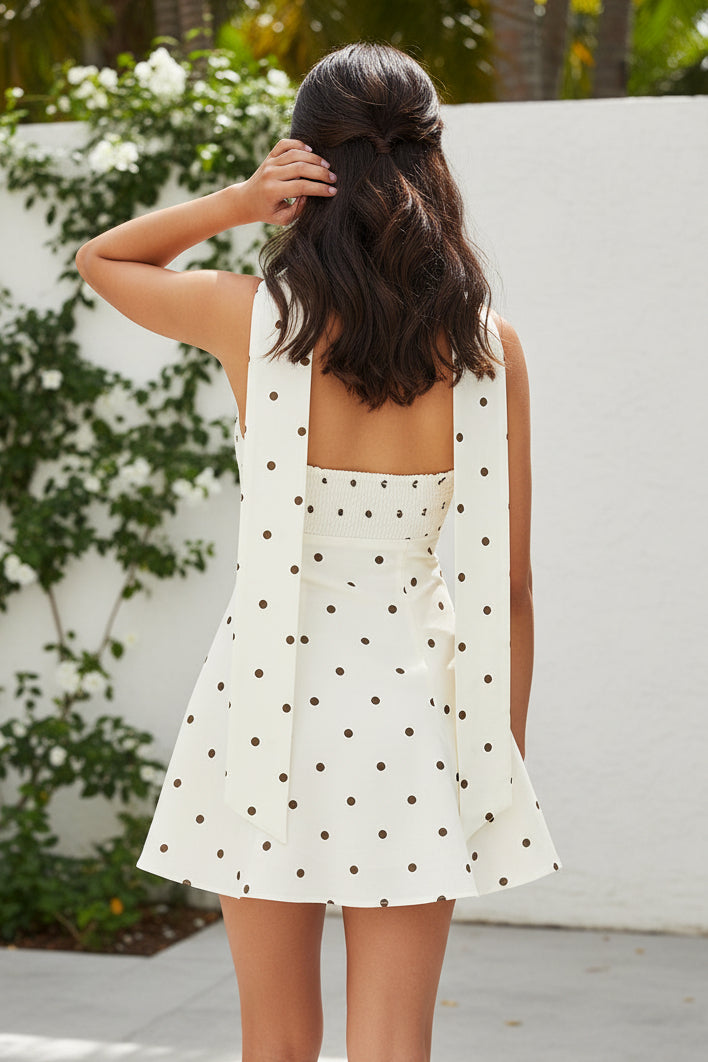 Polka Dot Strapless Mini Dress with Neck Scarf