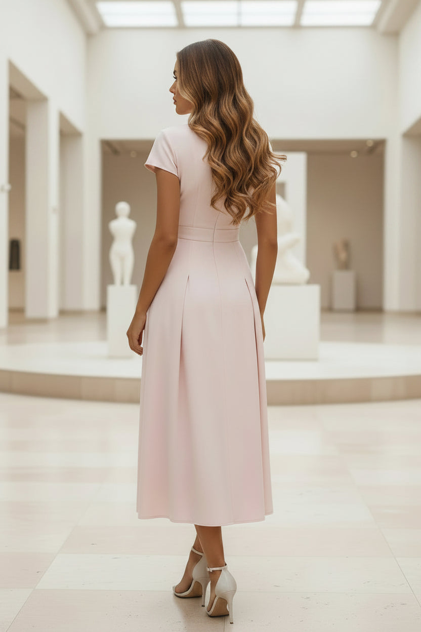 Deep V-Neck Cap Sleeve Midi Dress with Bow Belt
