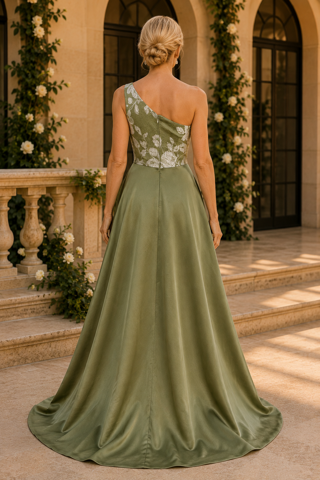 One-Shoulder Floral Jacquard Gown with Overskirt