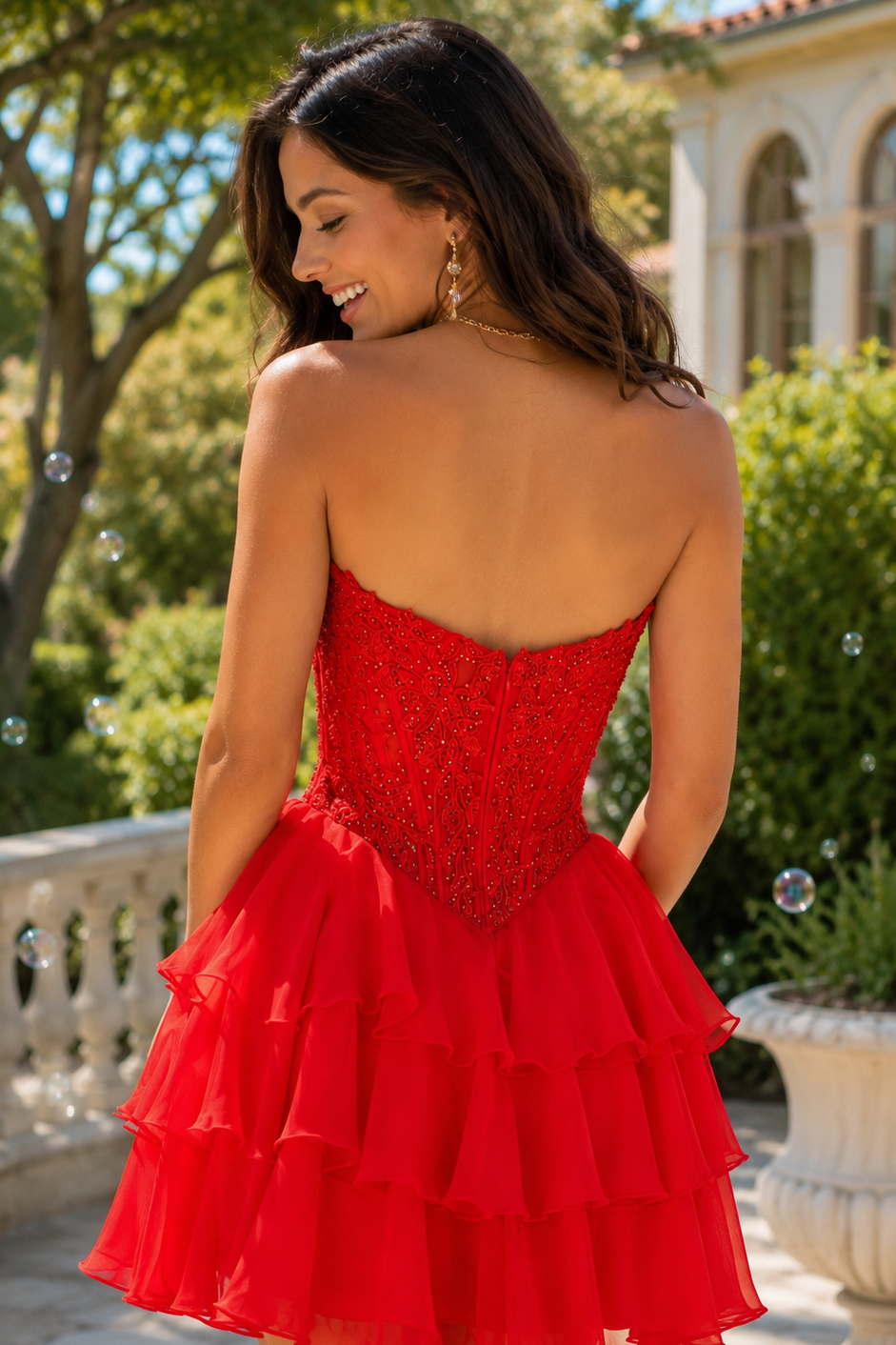 Strapless Sweetheart Beaded Corset Tiered Mini Dress
