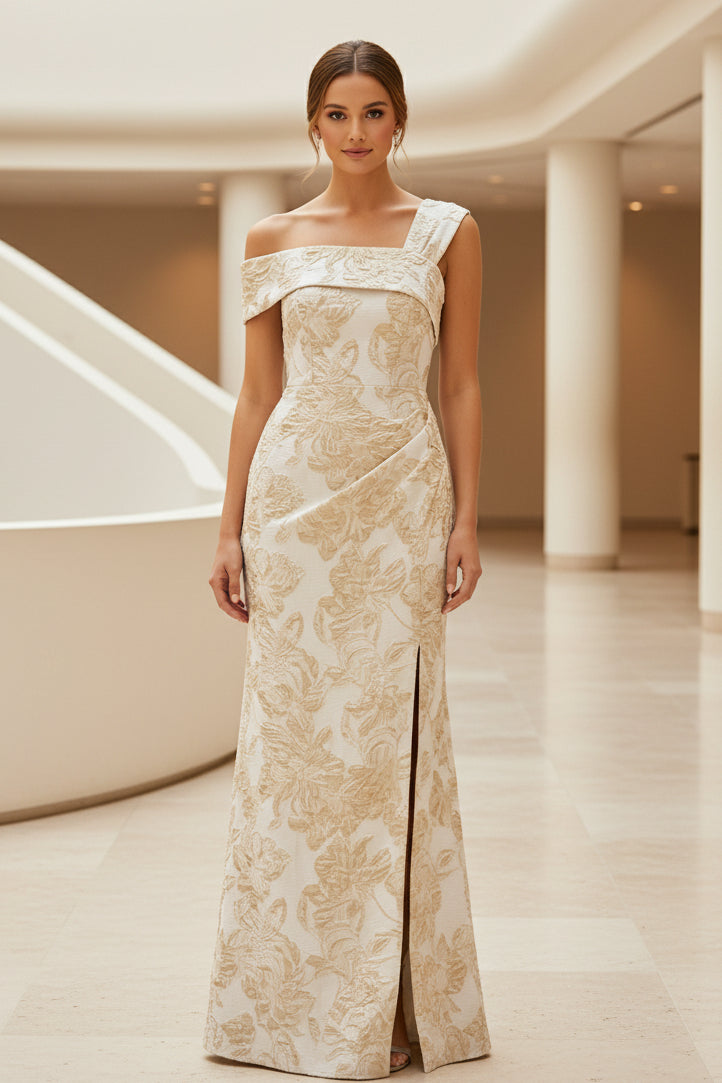 Floral Jacquard One-Shoulder Slit Evening Gown