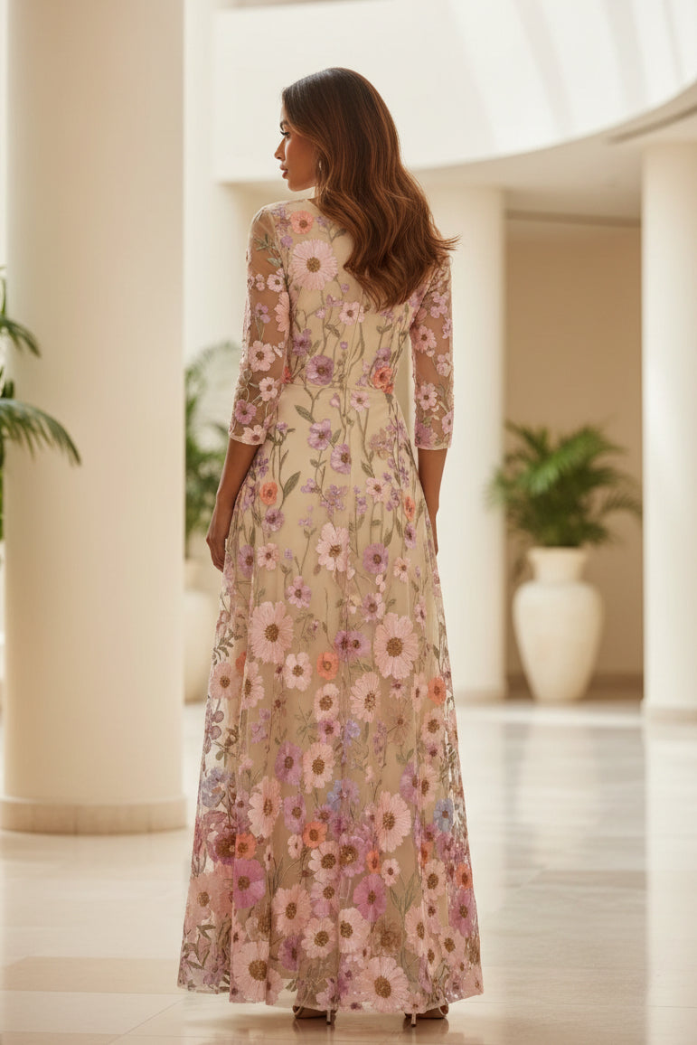 Floral Embroidered Mesh A-Line Formal Maxi Dress