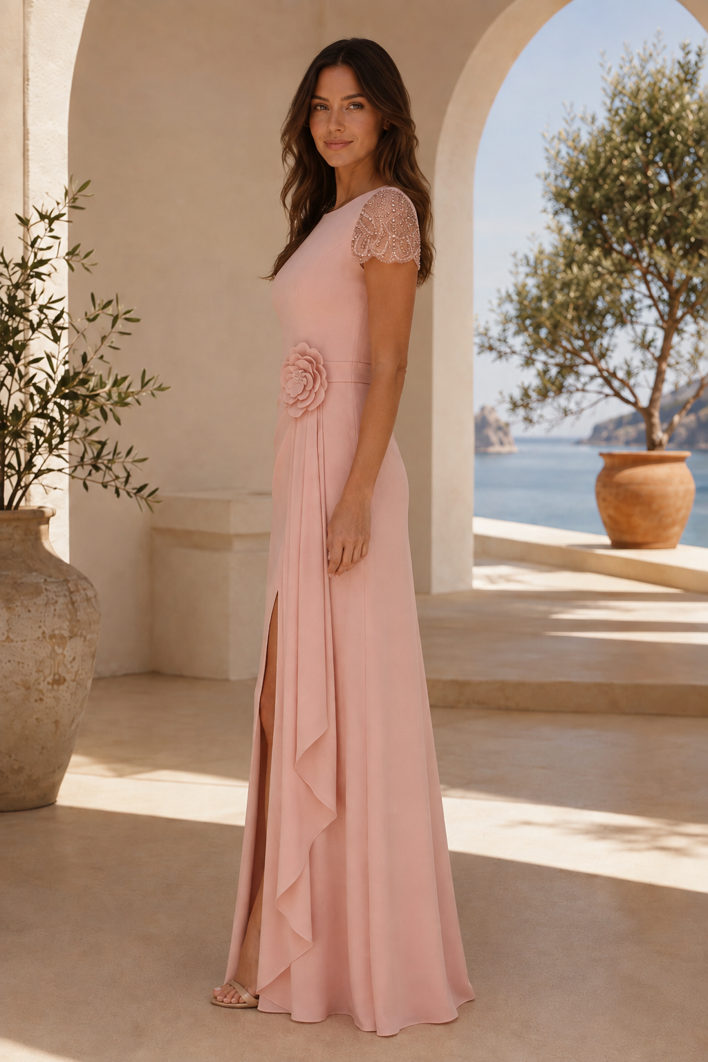 Beaded Cap Sleeve Gown with 3D Flower Waist Detail