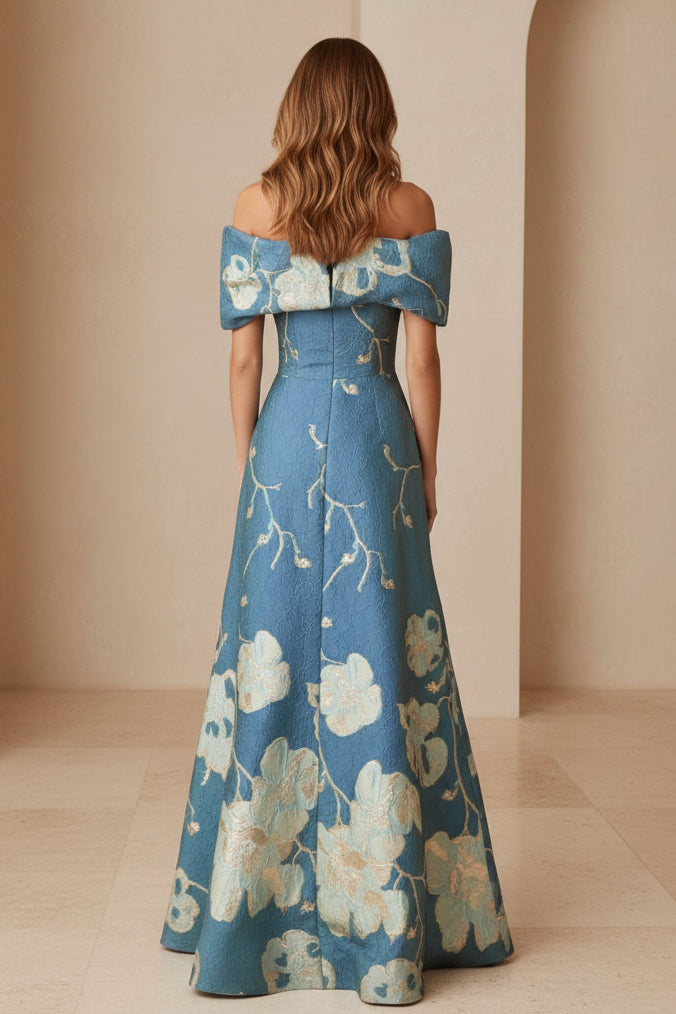 Off-the-Shoulder Floral Jacquard Evening Gown