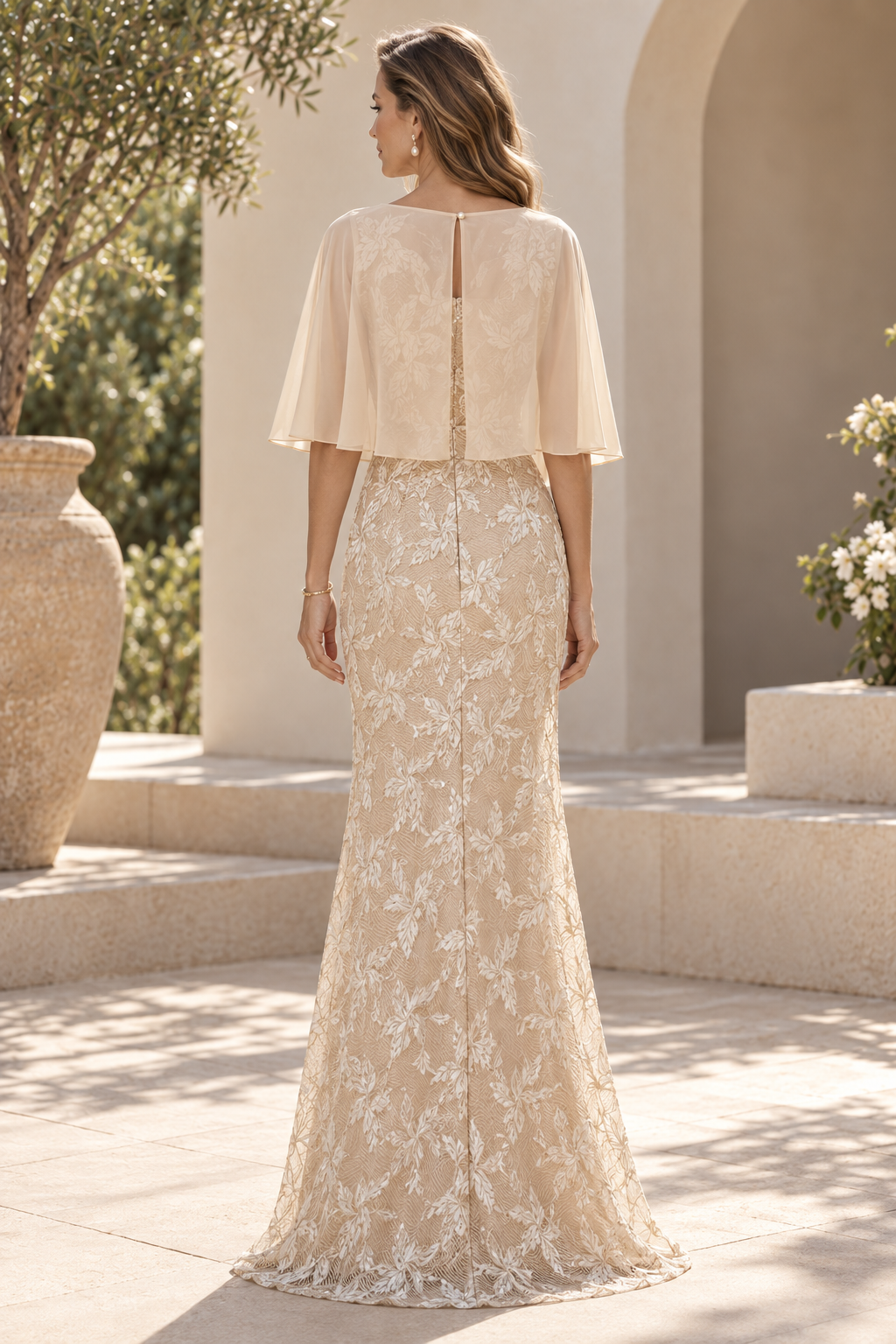 Embroidered Lace Gown with Capelet
