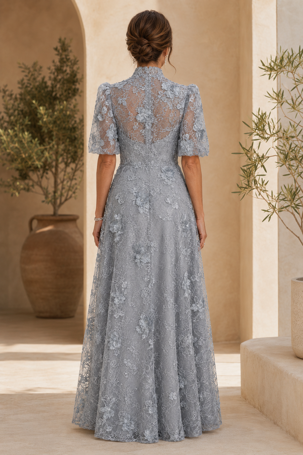 Floral Lace High Neck A-Line Gown with Puff Sleeves