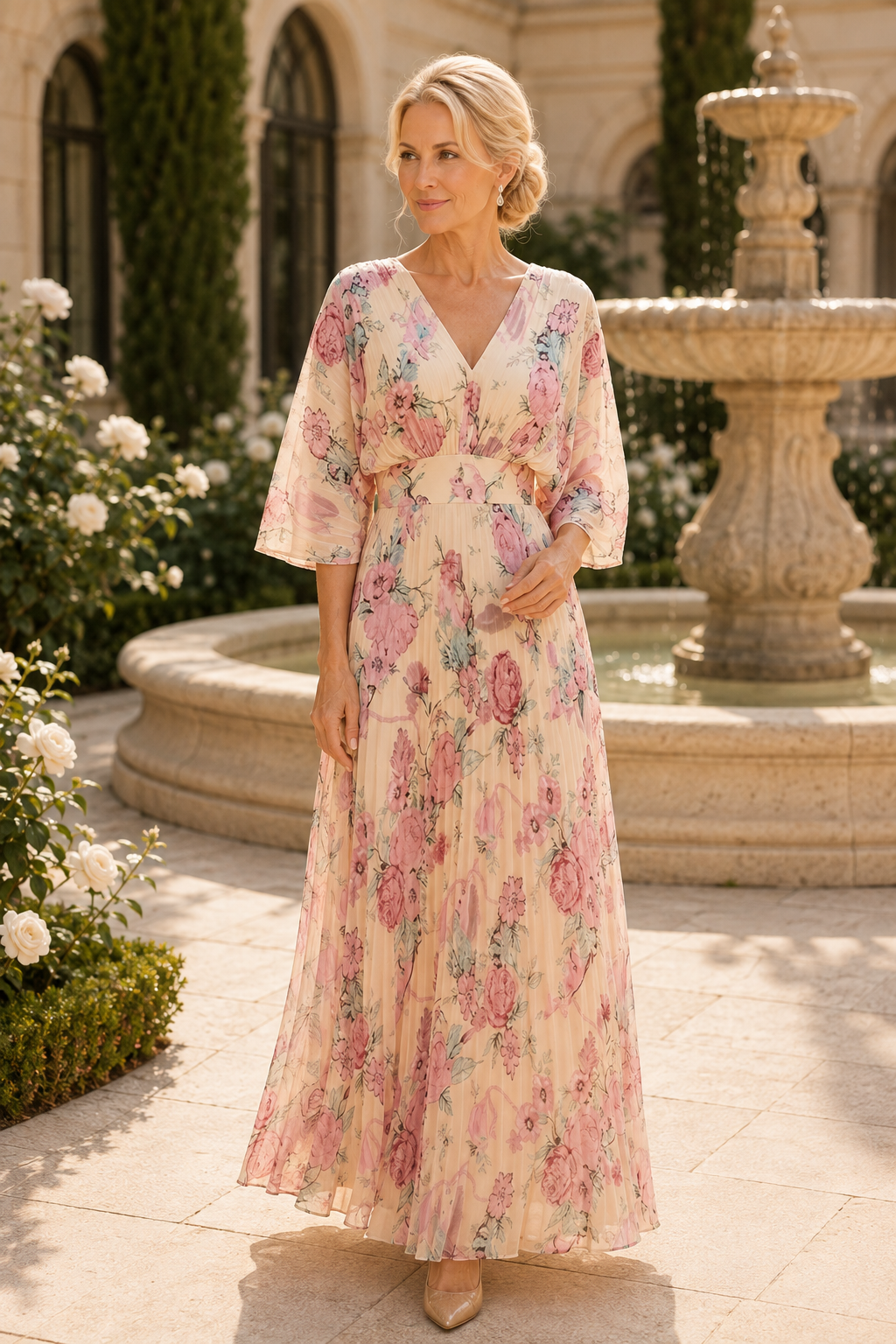 Floral Print Pleated Maxi Dress with Bell Sleeves