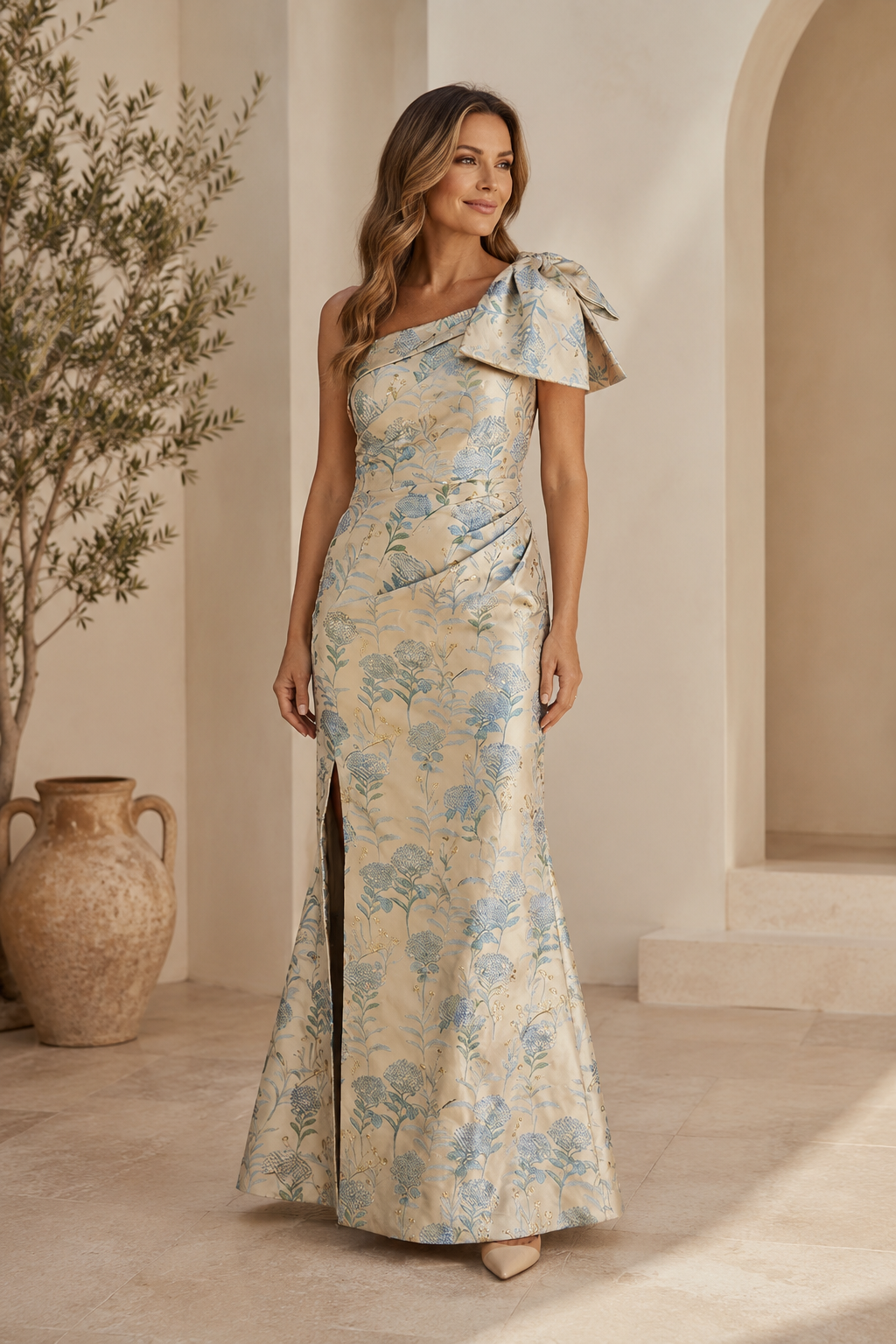 One Shoulder Floral Jacquard Gown with Bow Detail