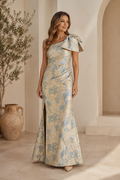 One Shoulder Floral Jacquard Gown with Bow Detail