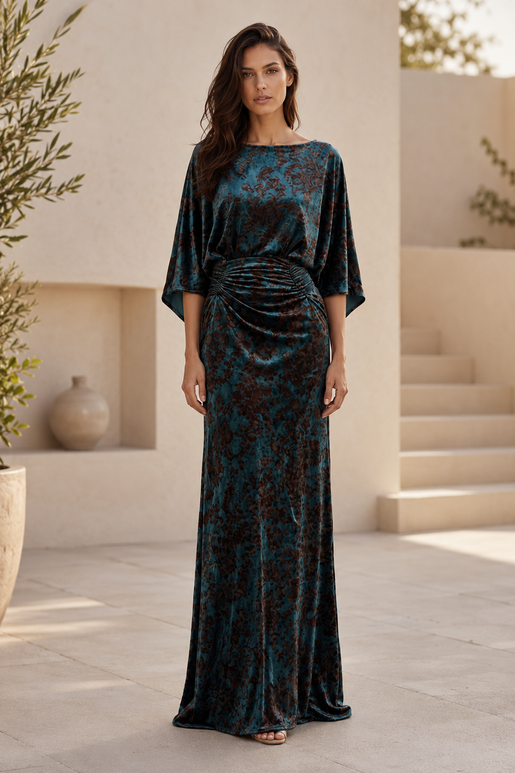 Floral Velvet Bateau Gown with Ruched Waist