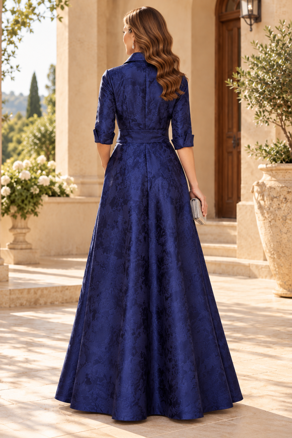 Collared Jacquard A-Line Gown with Sash Belt