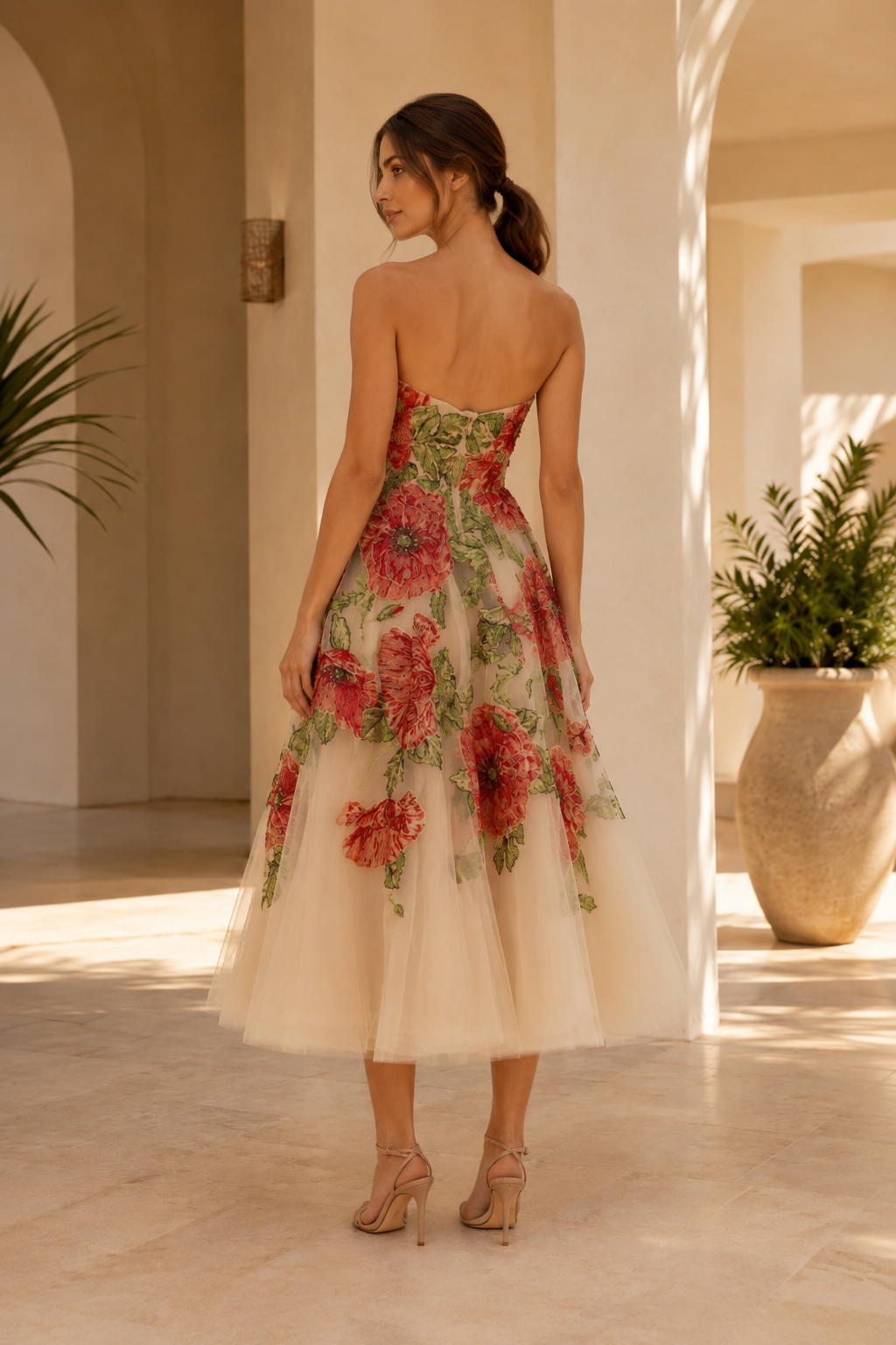Strapless Floral Embroidered Tea-Length Tulle Dress