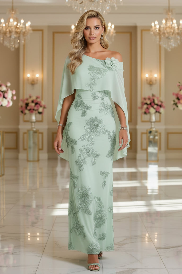 One-Shoulder Floral Cape Evening Gown