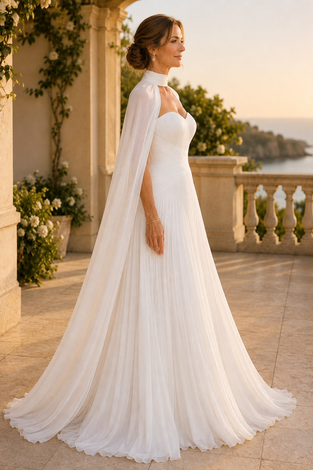 Pleated A-Line Gown with High Neck Cape