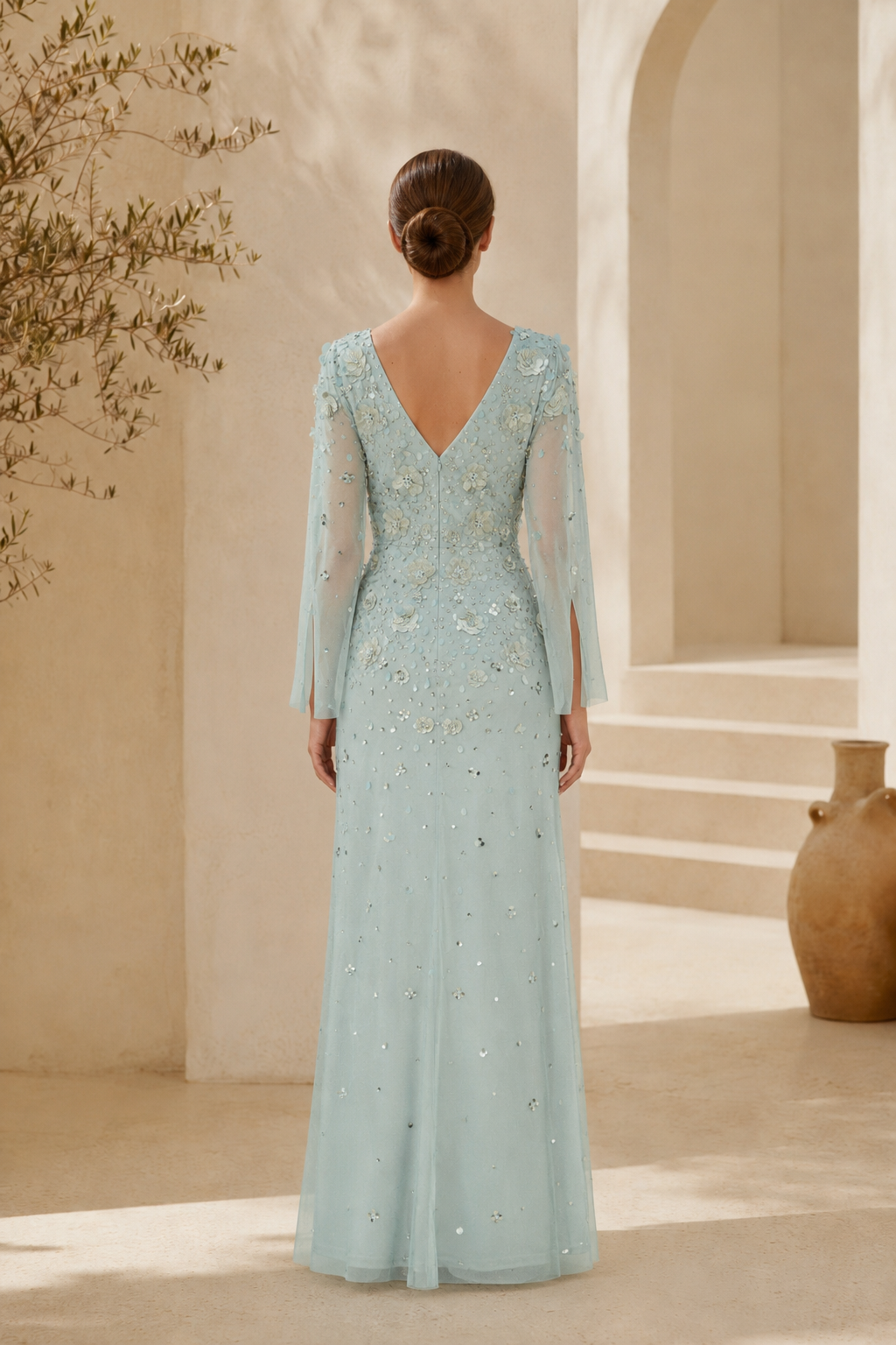 Floral Beaded Long Sleeve Evening Gown