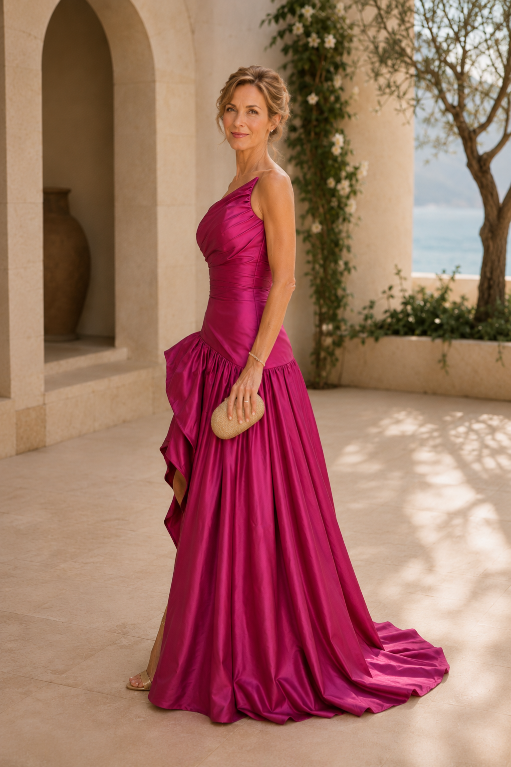 One-Shoulder Ruched Gown with Tiered High-Low Skirt