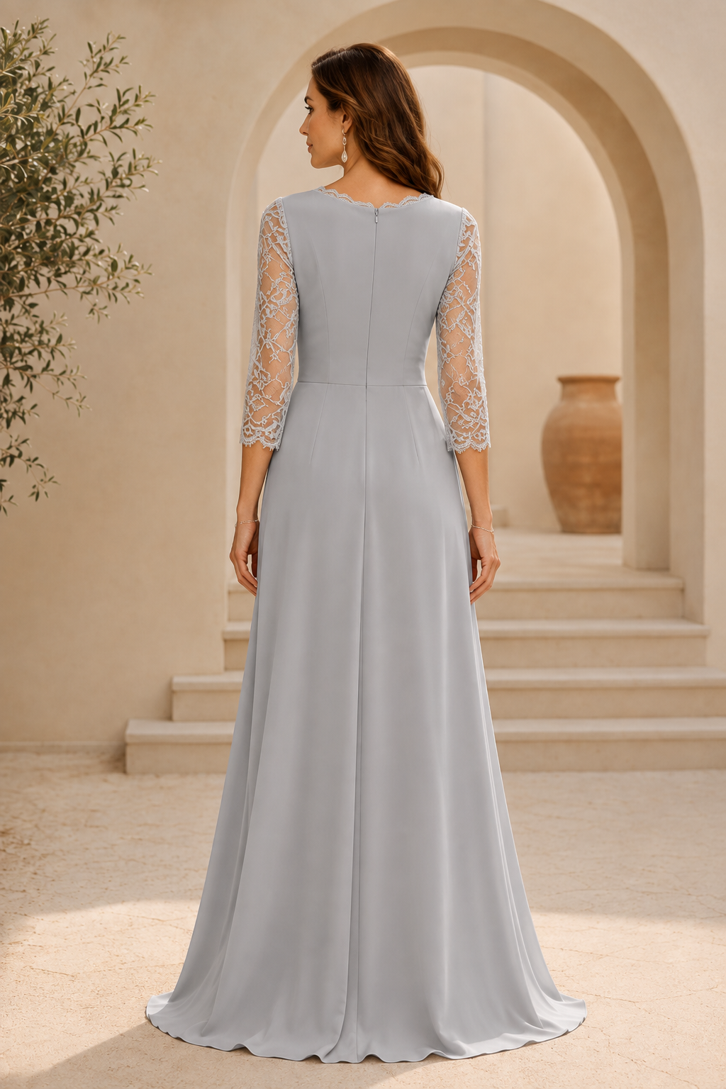 Lace 3/4 Sleeve Pleated A-Line Gown with 3D Flower