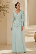 Floral Beaded Long Sleeve Evening Gown