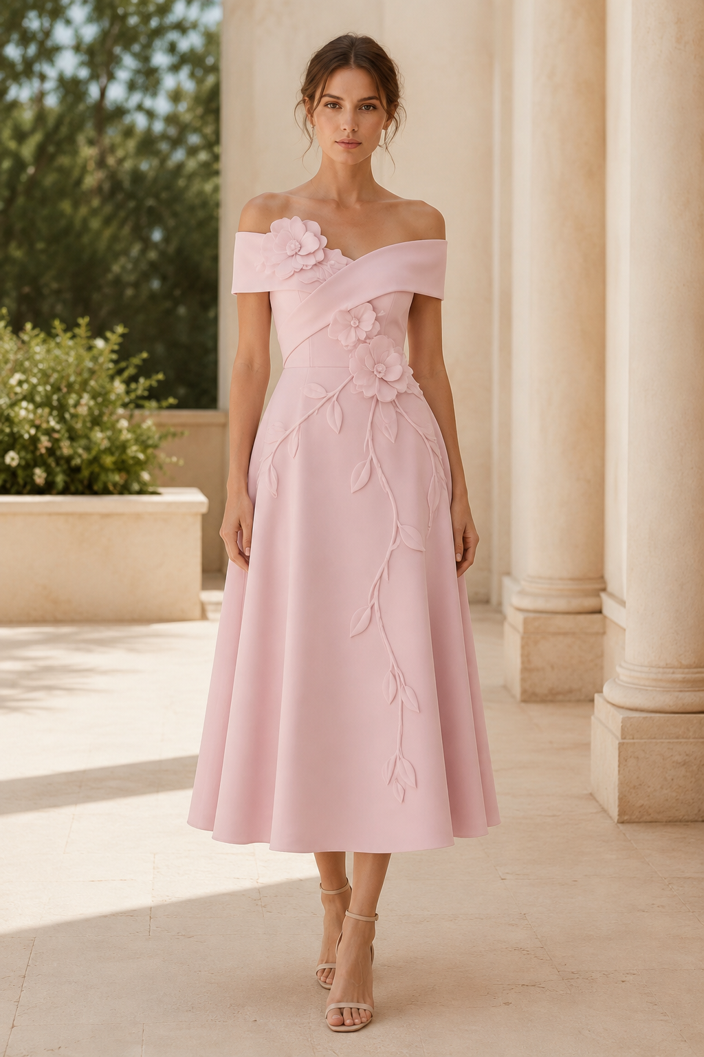 Off-the-Shoulder Floral Applique A-Line Midi Dress