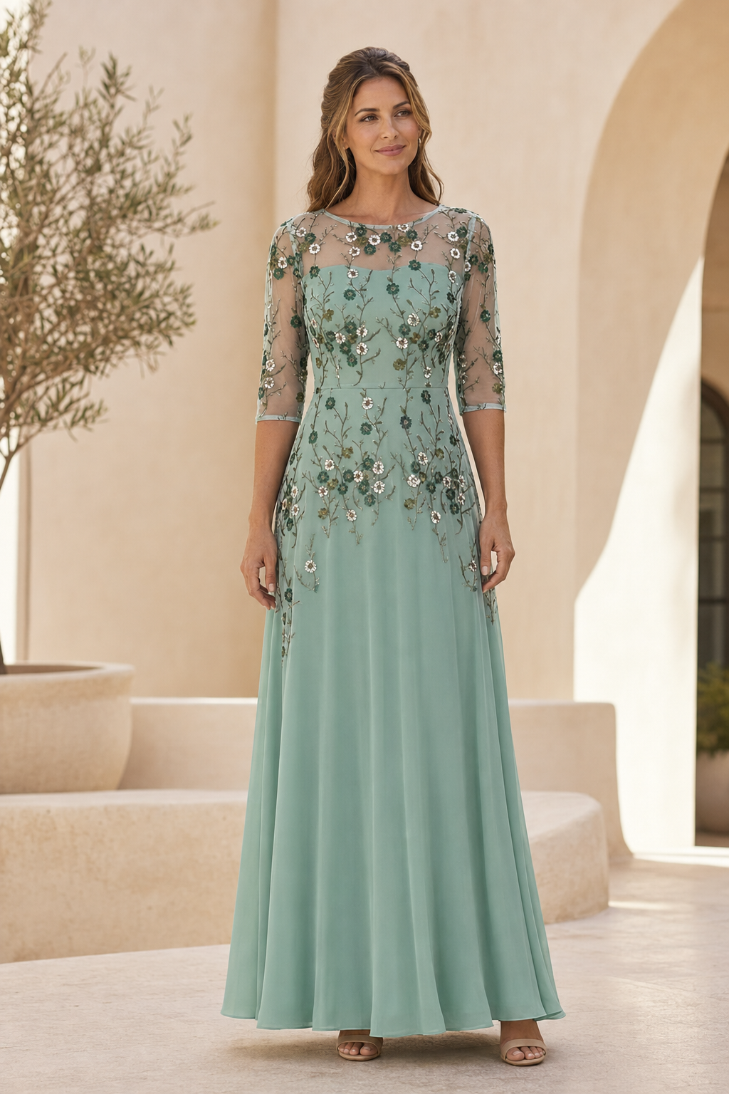 Embroidered Floral Illusion A-Line Maxi Dress