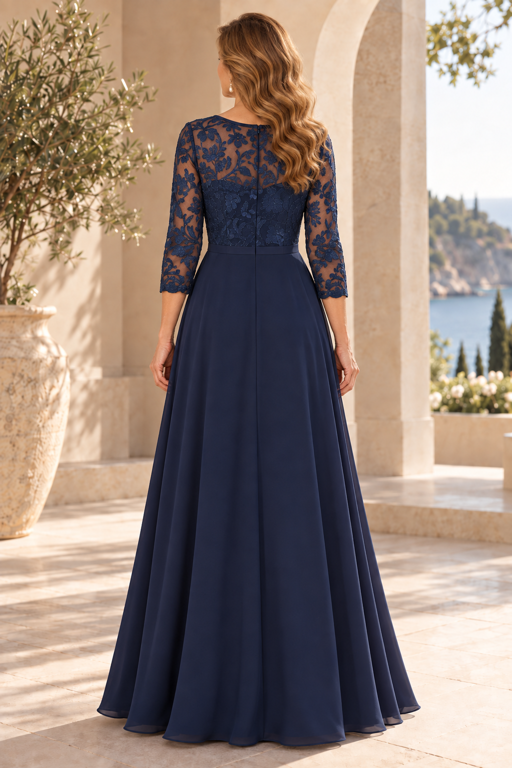 Lace Bodice 3/4 Sleeve A-Line Chiffon Gown