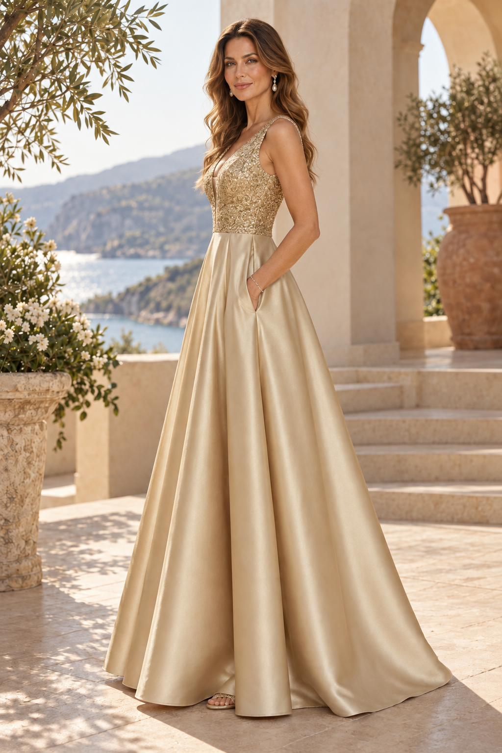 Sequin V-Neck A-Line Gown with Pockets