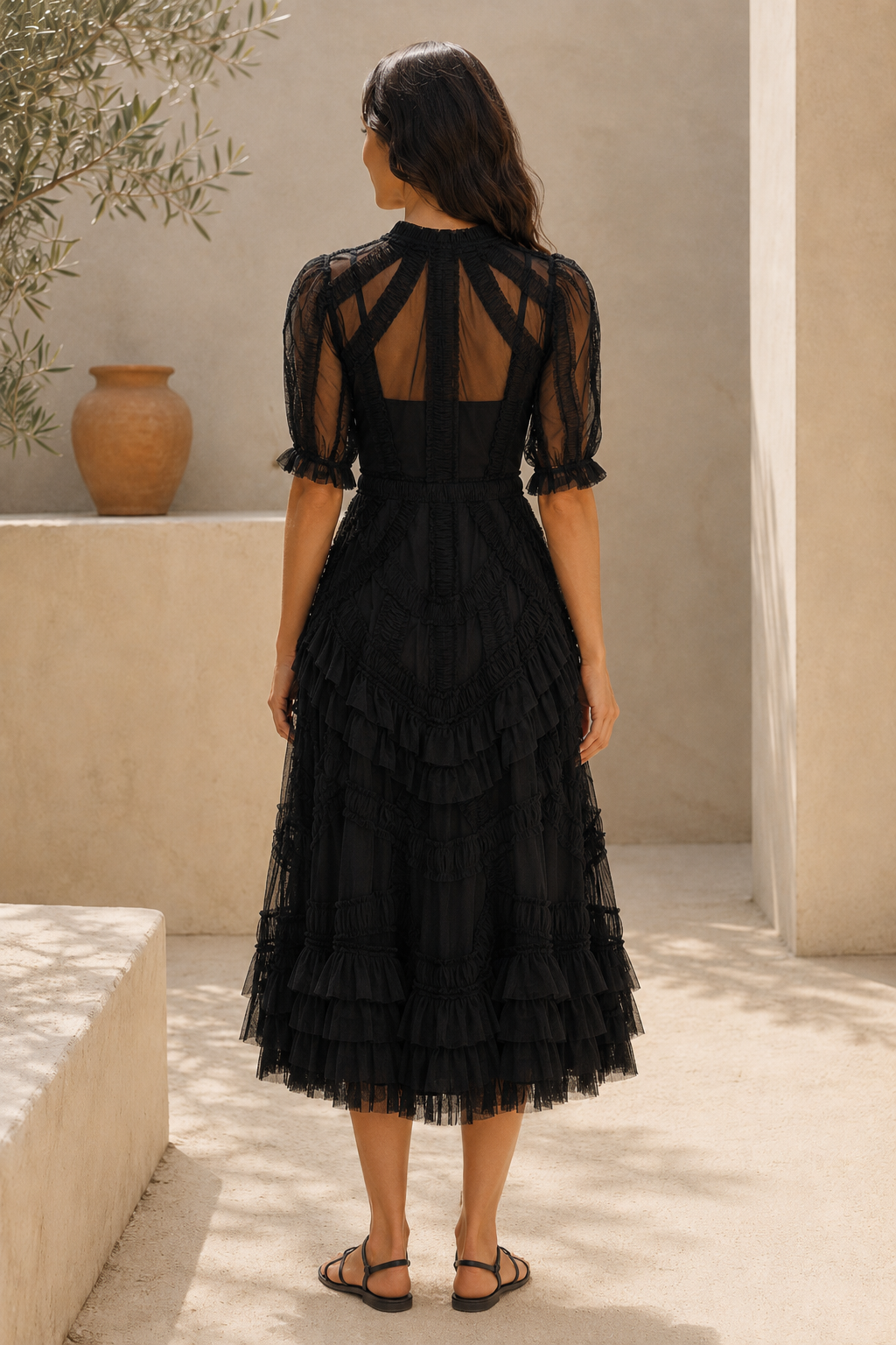 Tiered Ruffle Tulle Midi Dress with Illusion Back