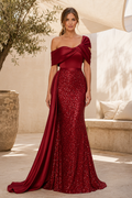 One-Shoulder Sequin Gown with Satin Side Drape