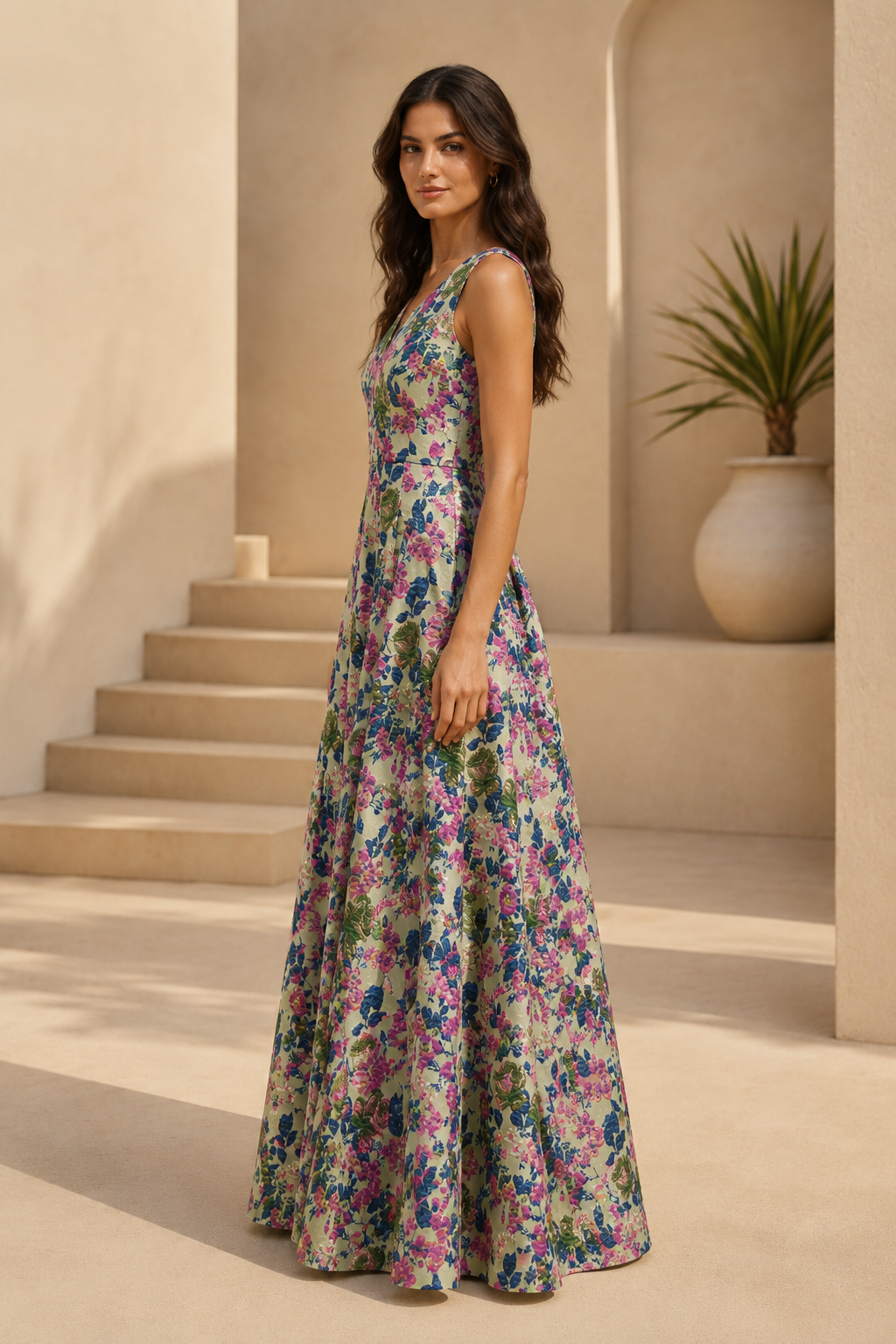 Floral Jacquard A-Line Maxi Dress