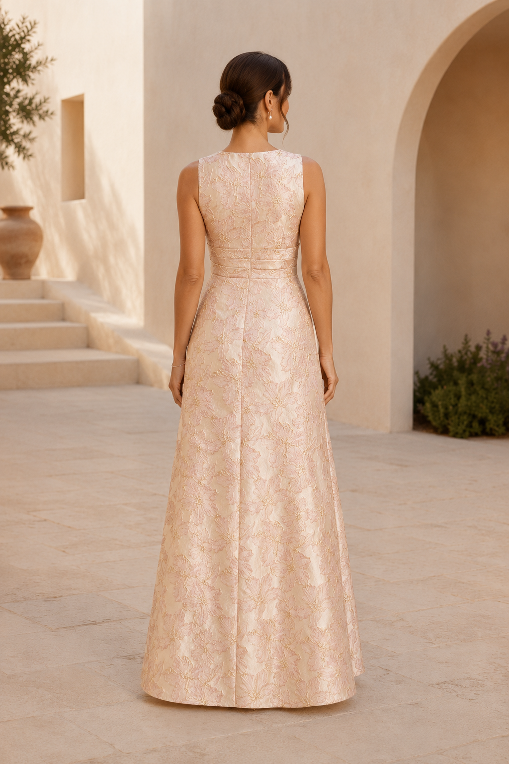 Sleeveless Floral Jacquard A-Line Evening Gown