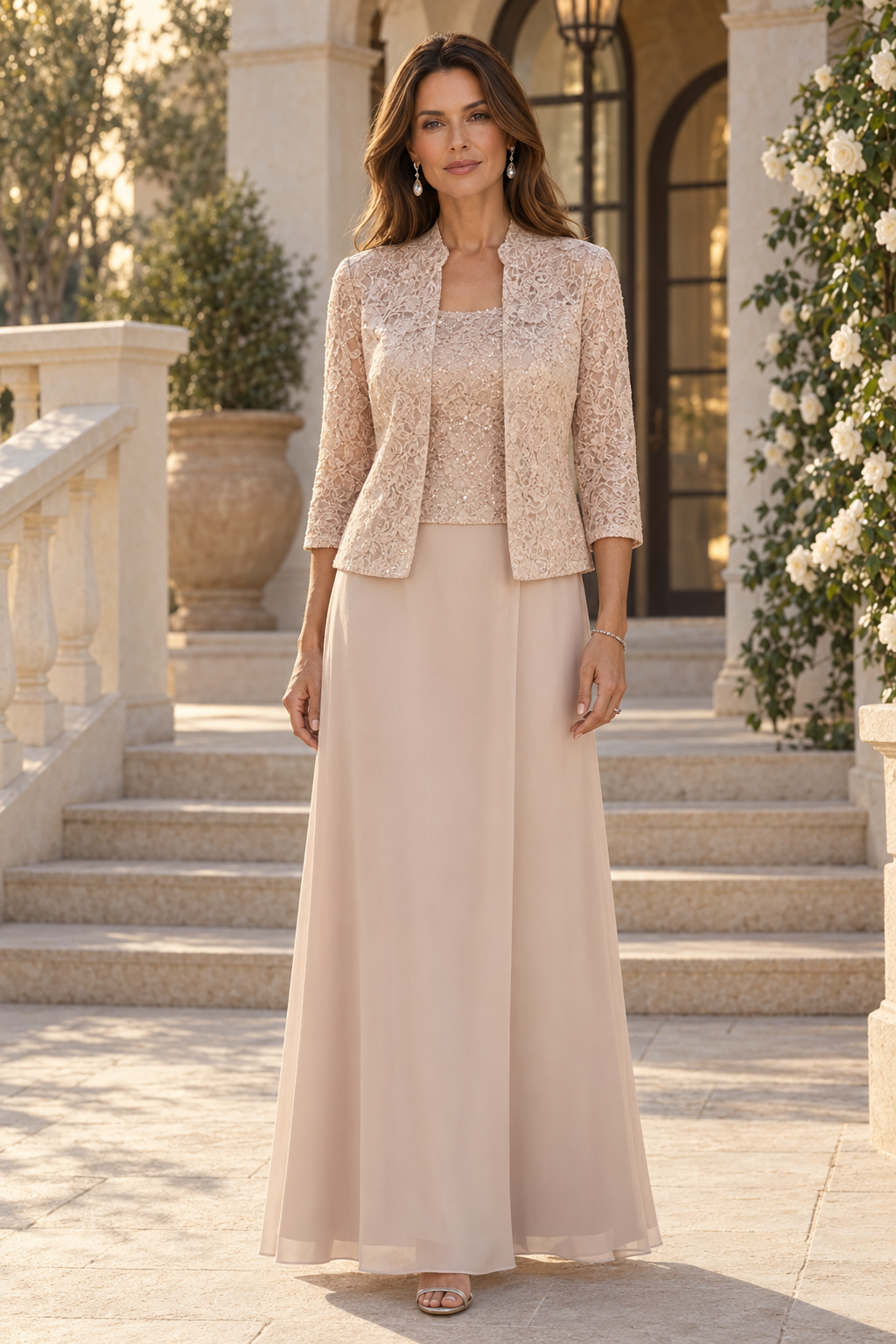 Lace Jacket and Chiffon A-Line Evening Gown