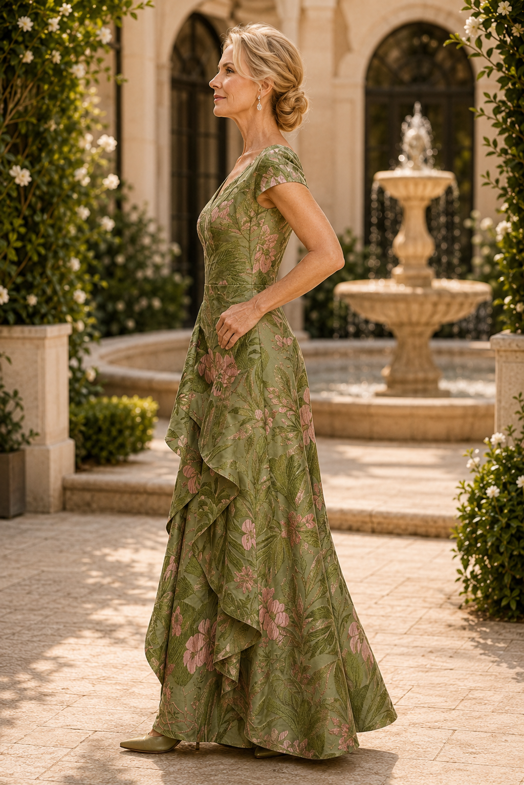 Floral Jacquard A-Line Gown with Cascading Ruffle