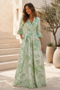 Pleated Ruffle A-Line Maxi Dress with Pockets