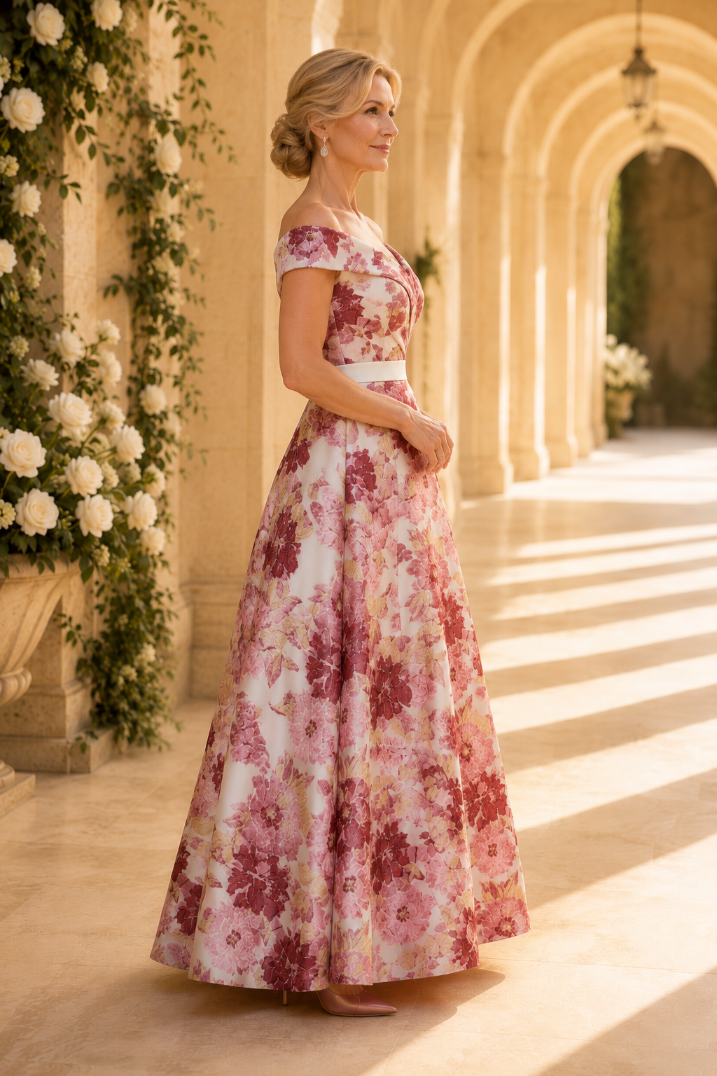 Off-the-Shoulder Floral A-Line Gown with Waistband