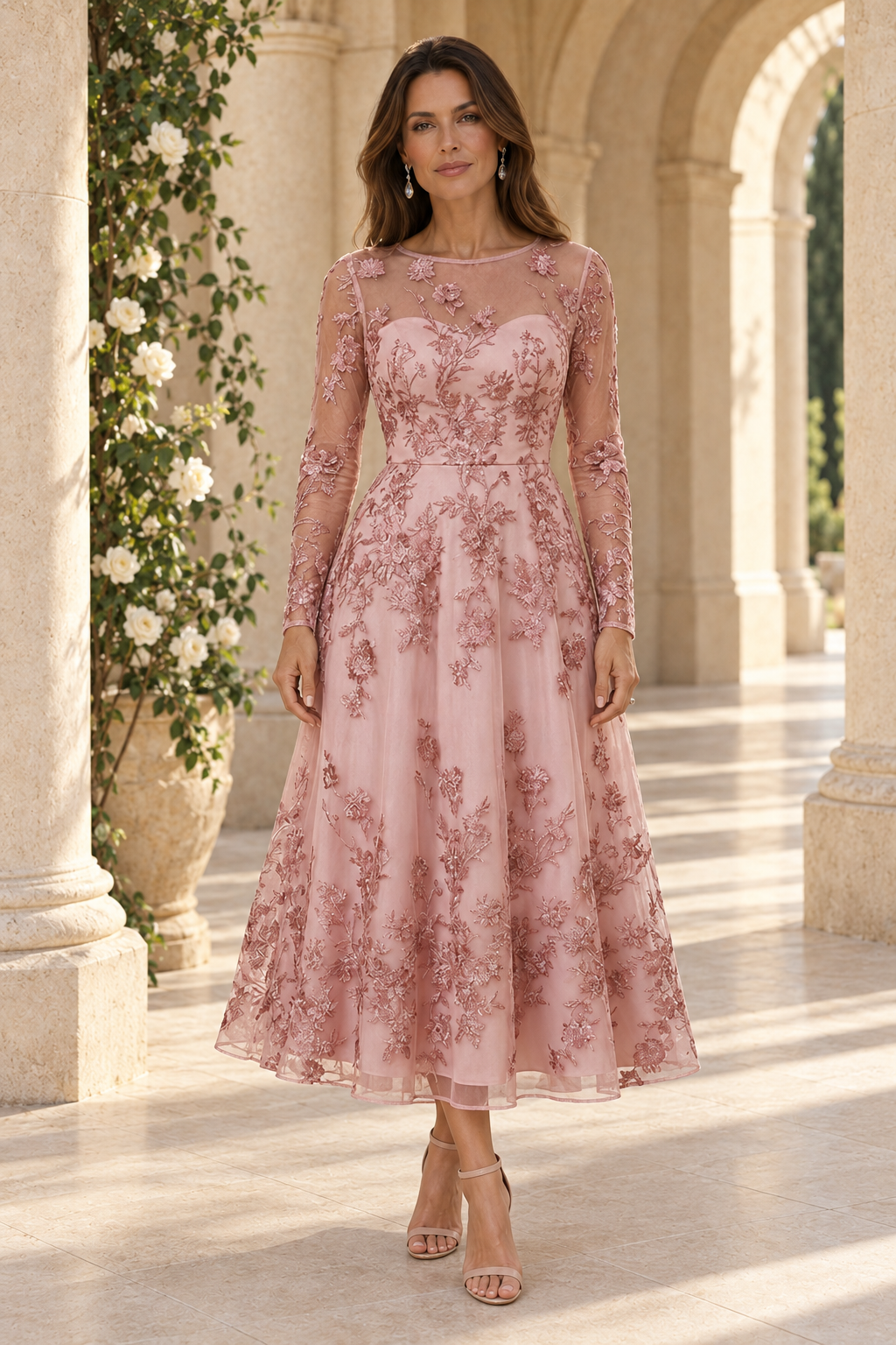 Floral Embroidered Illusion Neck Midi Dress