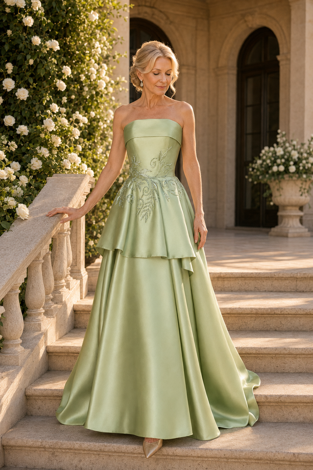 Strapless Tiered Satin Evening Gown with Embroidery