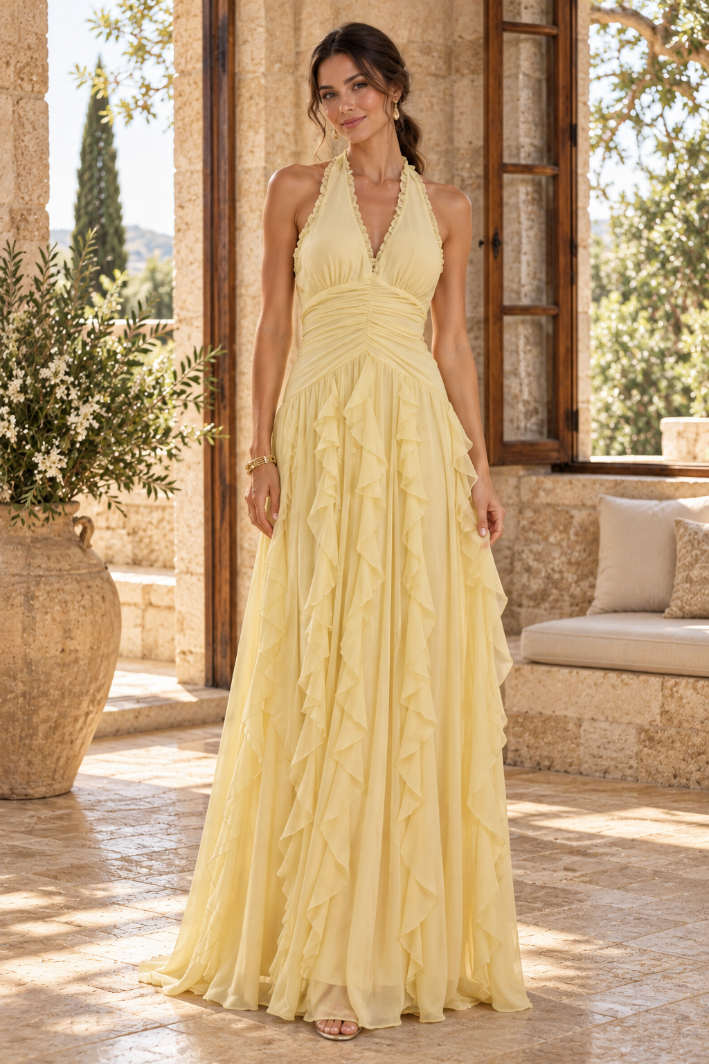 Halter Backless Maxi Dress with Cascading Ruffles