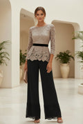 Lace Peplum Top & Wide-Leg Chiffon Pants Set