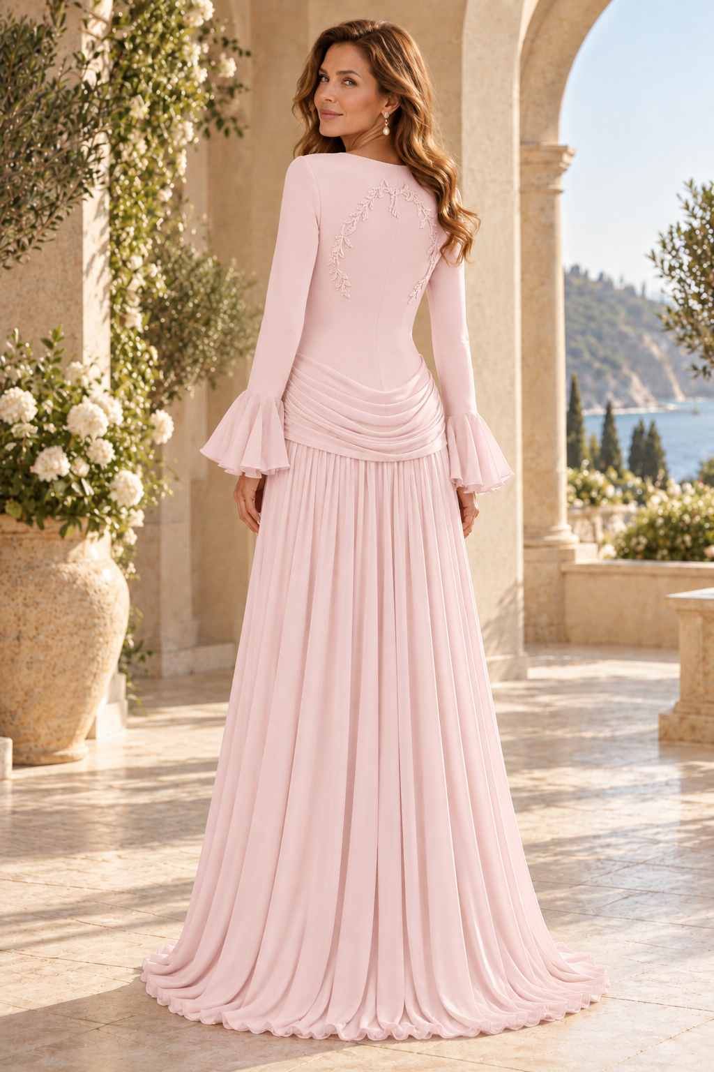 Long Sleeve Pleated Gown with Ruched Drop Waist