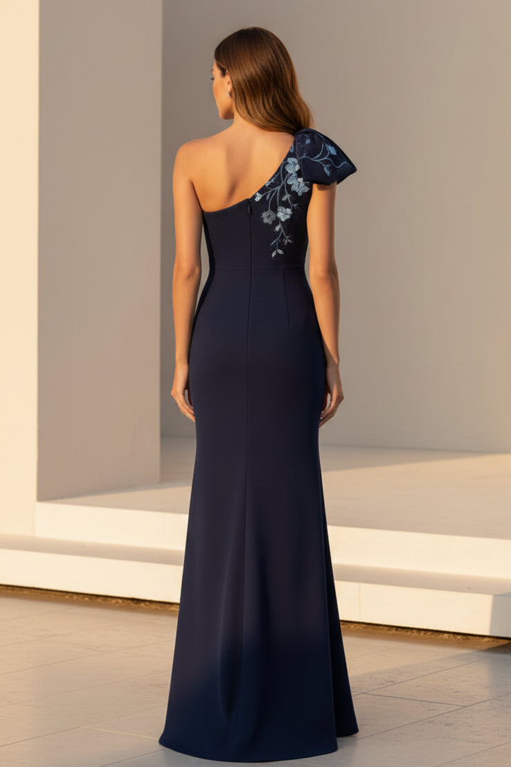 One-Shoulder Embroidered Crepe Trumpet Gown