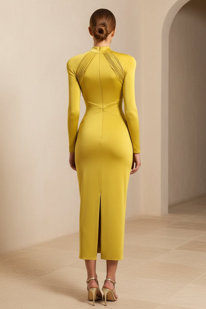 High Neck Keyhole Long Sleeve Bodycon Midi Dress