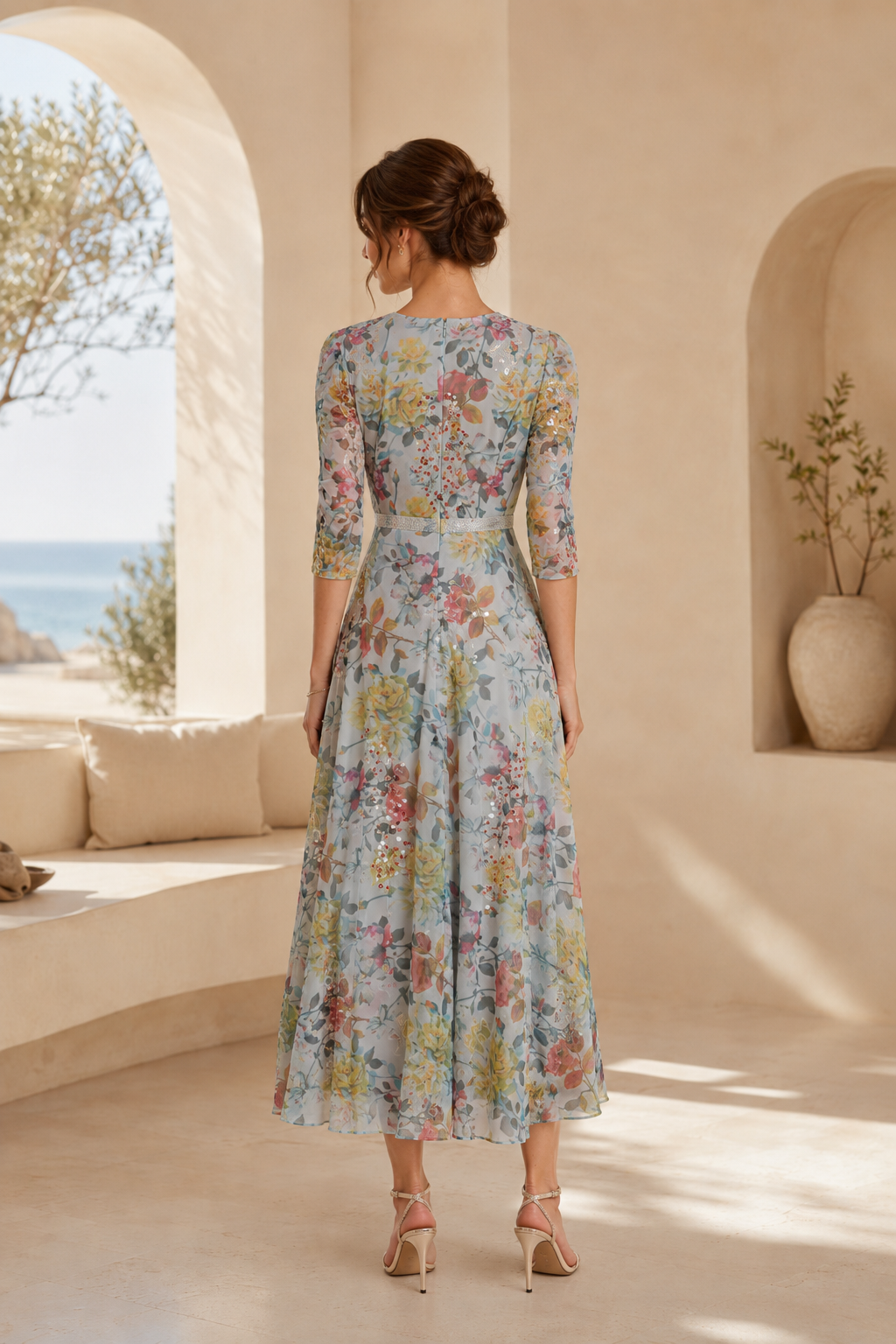 Floral Sequin Midi Dress with 3/4 Sleeves