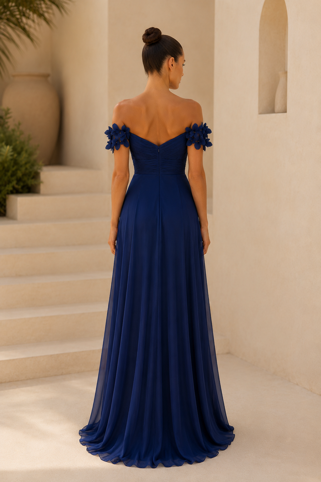 Off-the-Shoulder 3D Floral Chiffon Evening Gown