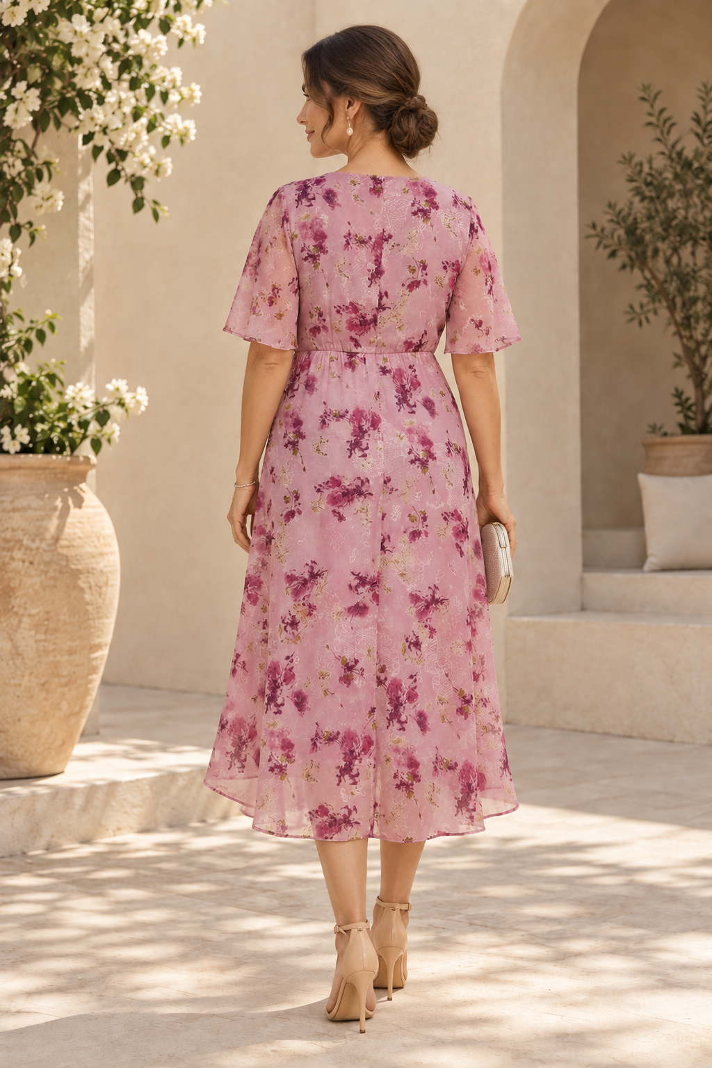 Floral High-Low Midi Dress with Flutter Sleeves