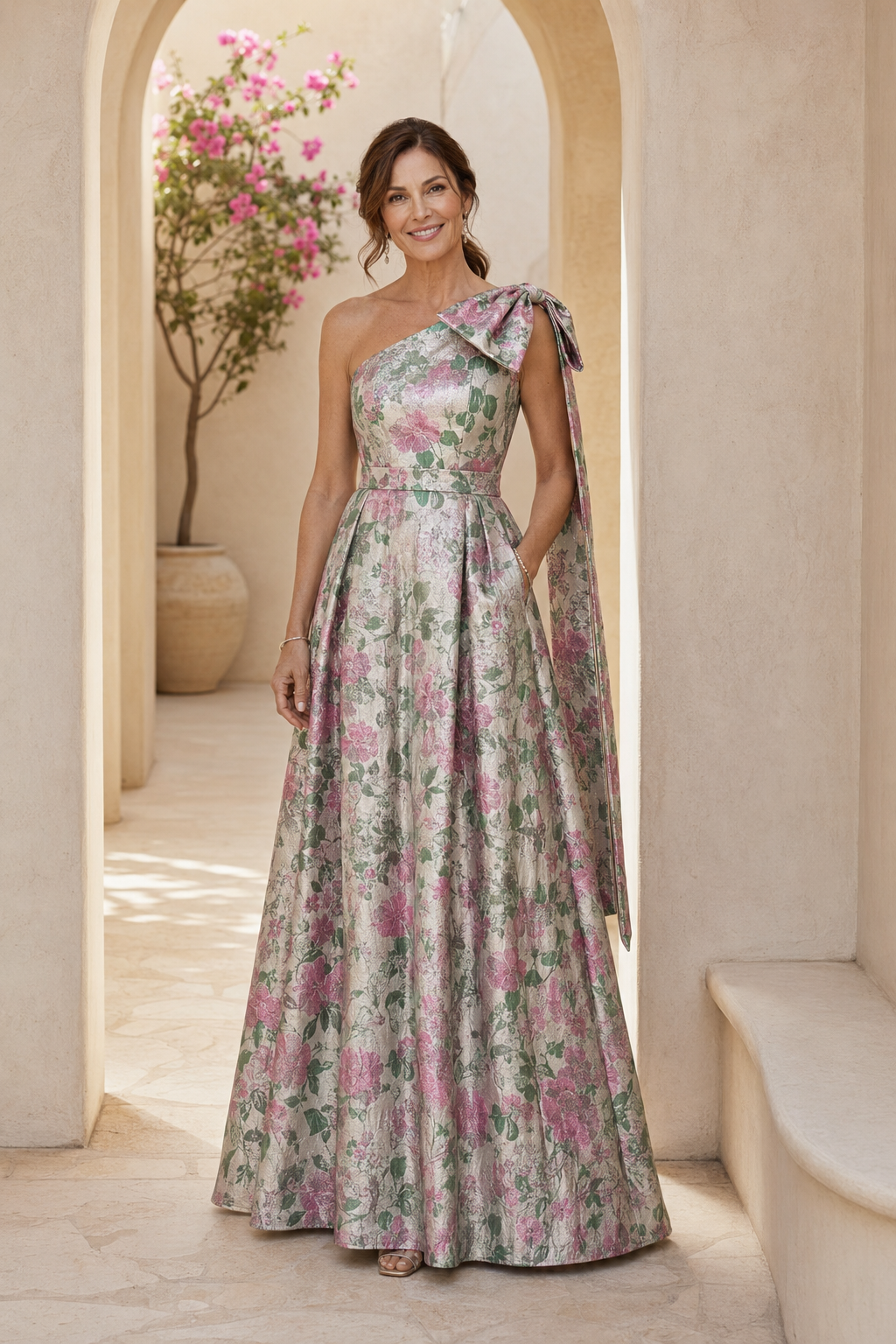 One-Shoulder Floral Jacquard A-Line Gown