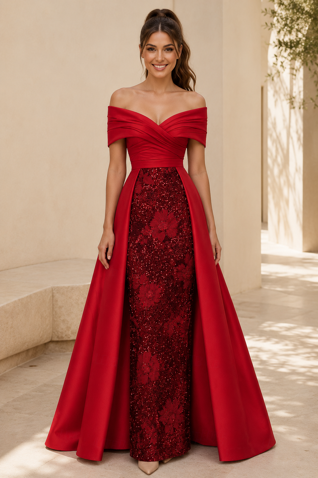 Off-the-Shoulder Gown with Floral Sequin Skirt