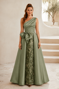 One-Shoulder Pleated Gown with Sequin Skirt & Bow