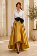 Collared Long Sleeve High-Low Dress with Bow Waist